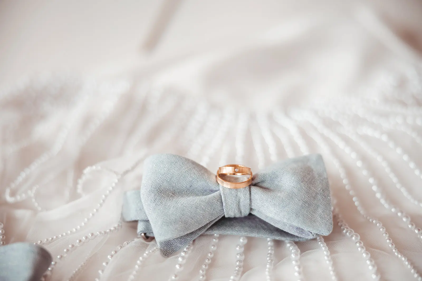 Trouwringen liggend op vlinderdas.