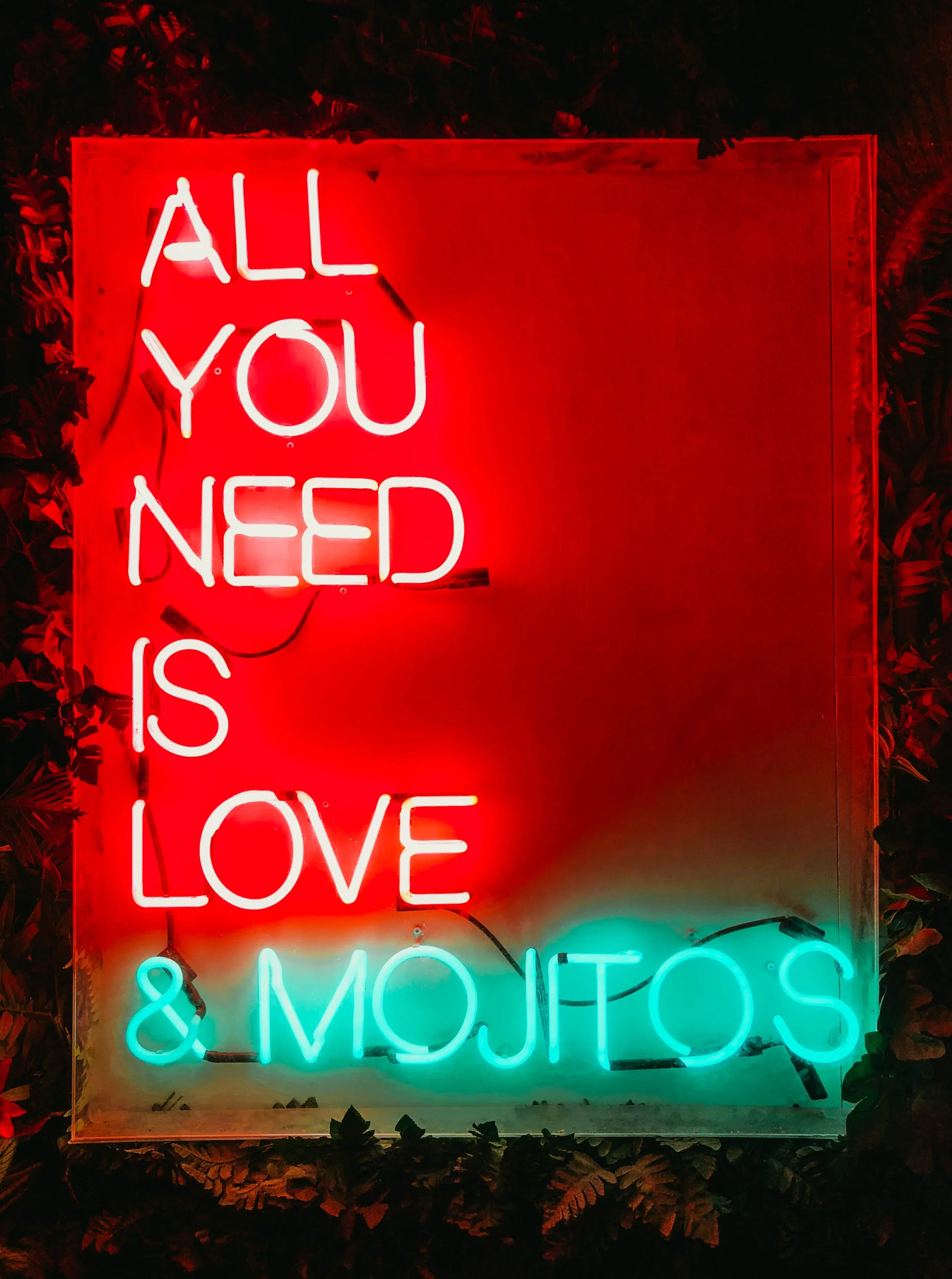 Neon bord met tekst all you need is love and mojito's