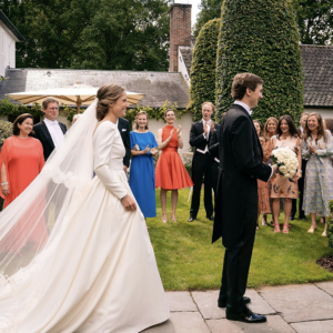 Bruidspaar, first look. Man staat nog met zijn rug naar de bruid, wachtend tot hij zich kan omdraaien.