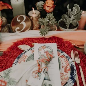 Dinertafel bruiloft, in Mexico-style gedekt.