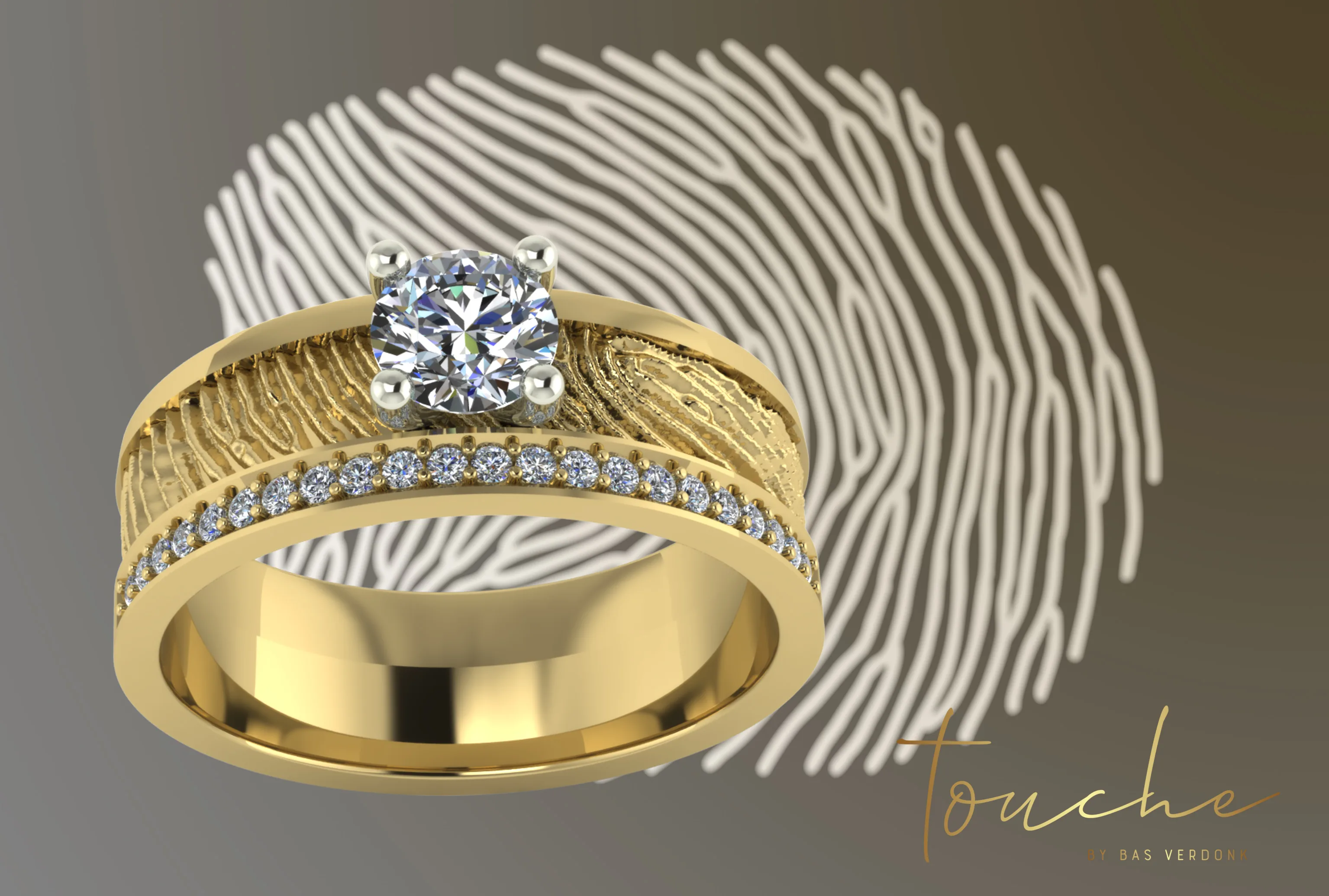 Een gravure van een vingerafdruk op een geelgouden trouwring