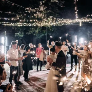 Feestend bruidspaar met bruiloftsgasten. 