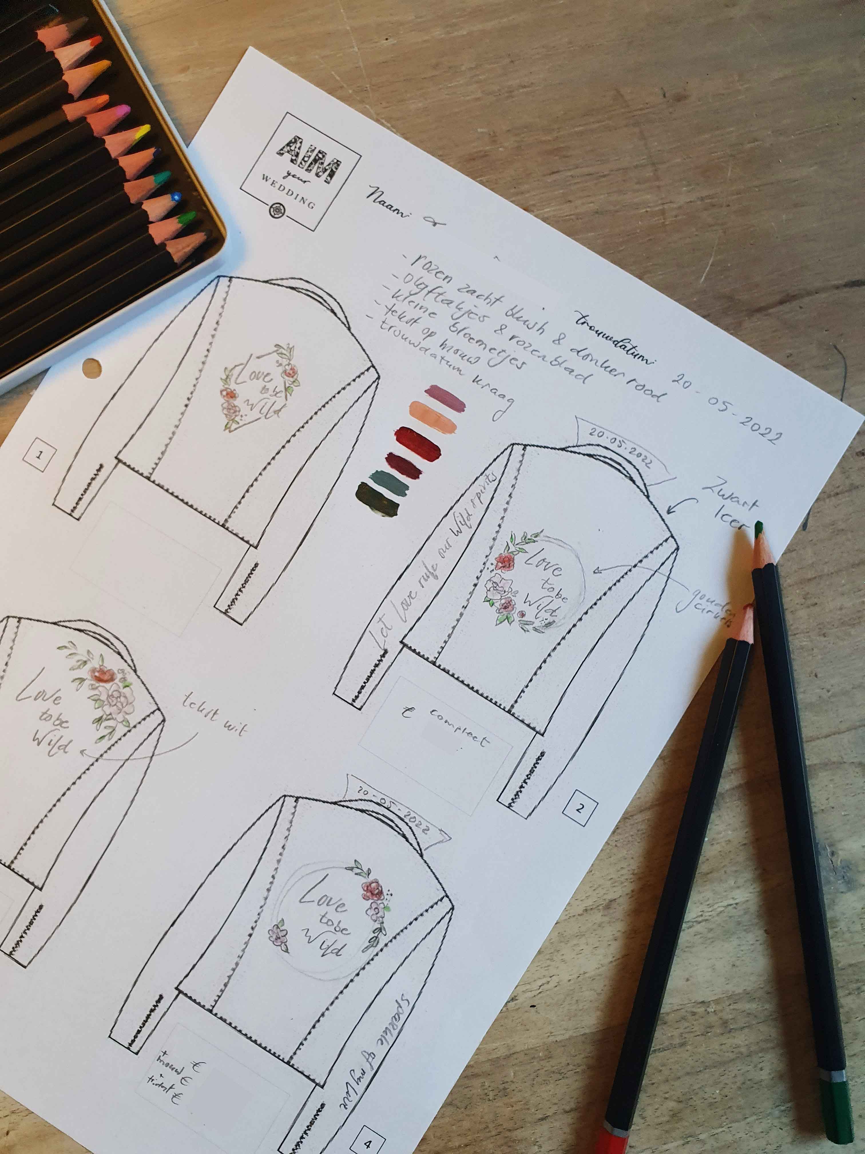 Schets van gepersonaliseerde nep-leren jasjes voor bruiloft.