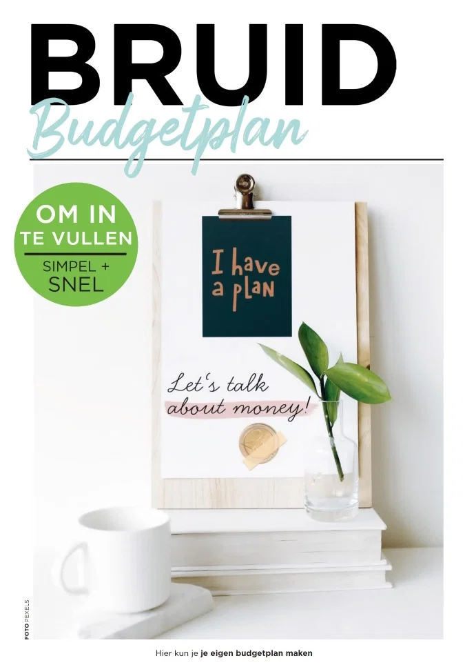 Bruid budgetplan printable met overzicht voor trouwbudget en uitgaven, inclusief invulformulier voor een georganiseerde bruiloft.