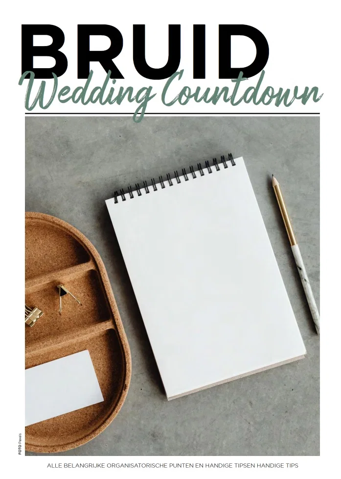 Wedding countdown planner met checklist en notities voor het organiseren van een bruiloft en het bijhouden van alle belangrijke stappen.